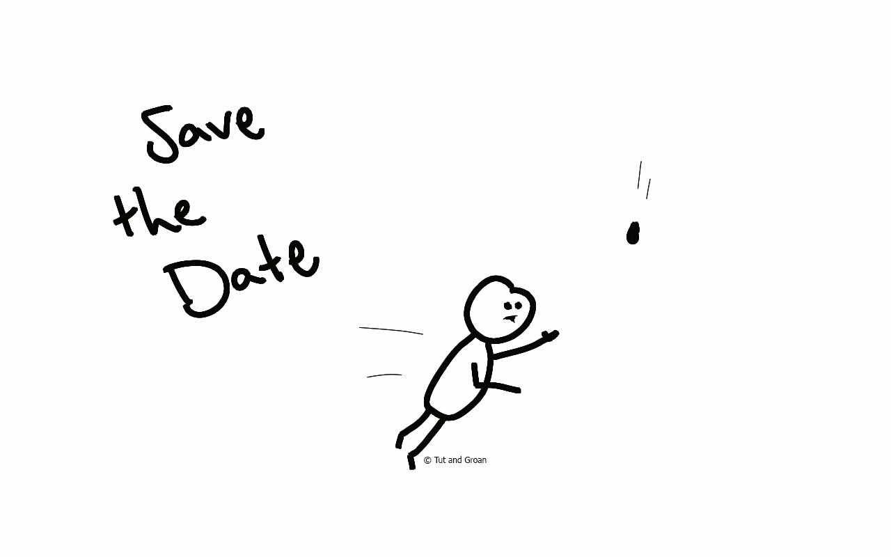 Tut and Groan Save the Date cartoon