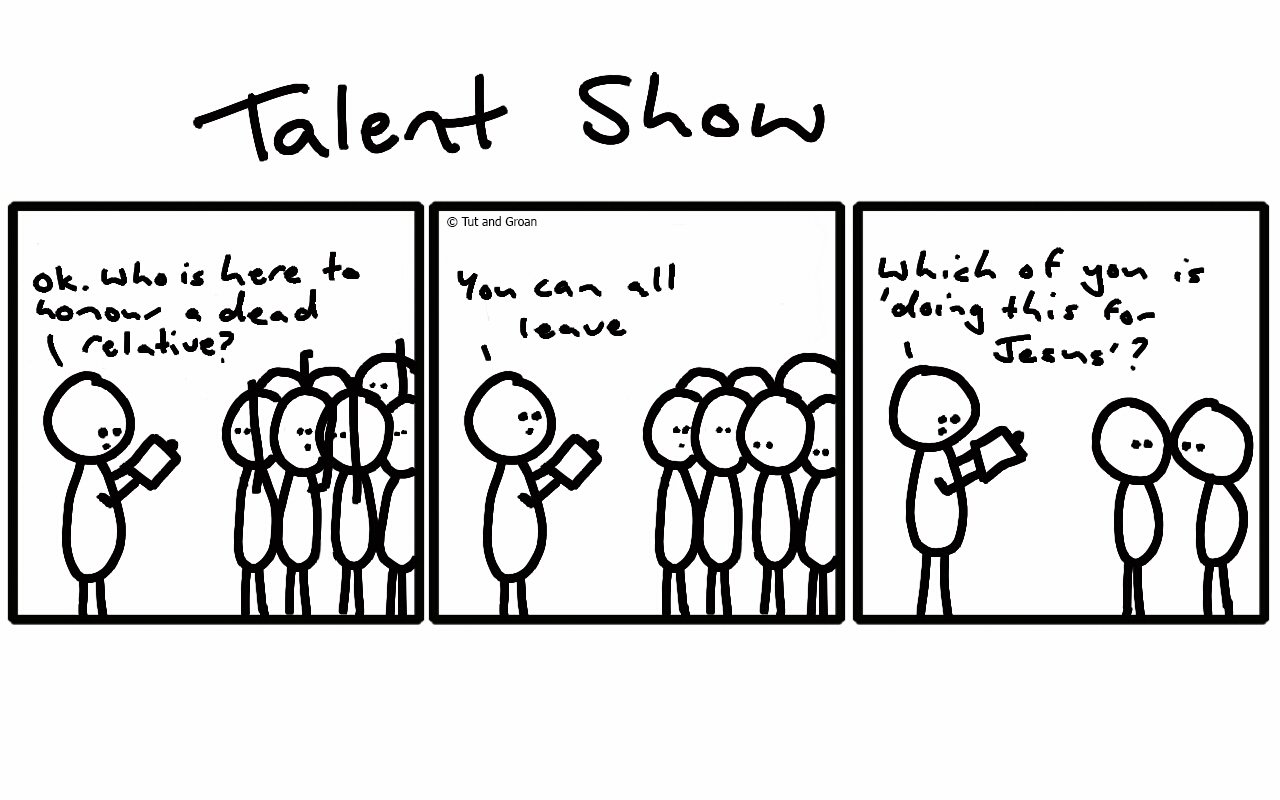 Tut and Groan Three Panels: Talent Show cartoon