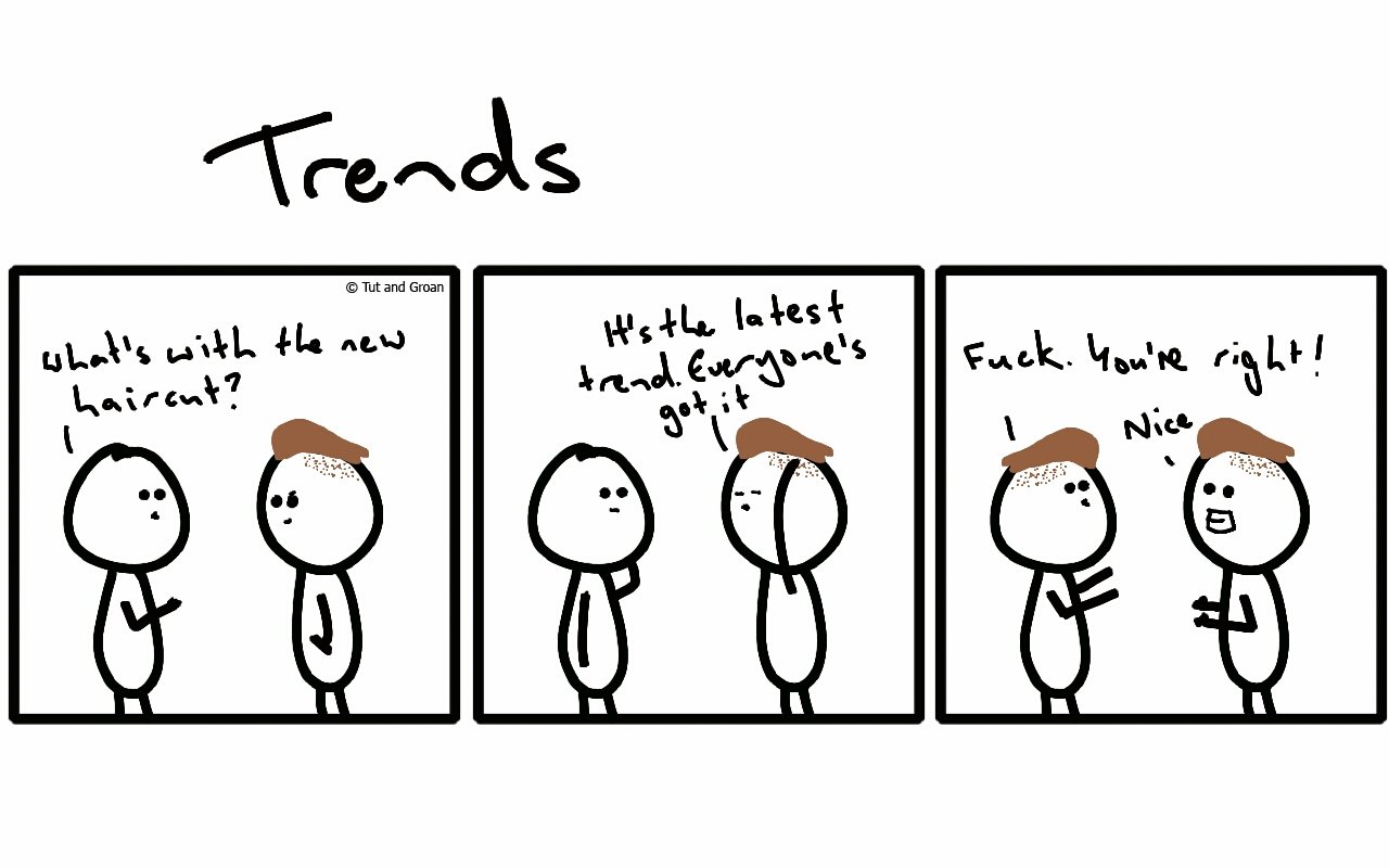 Tut and Groan Three Panels: Trends cartoon