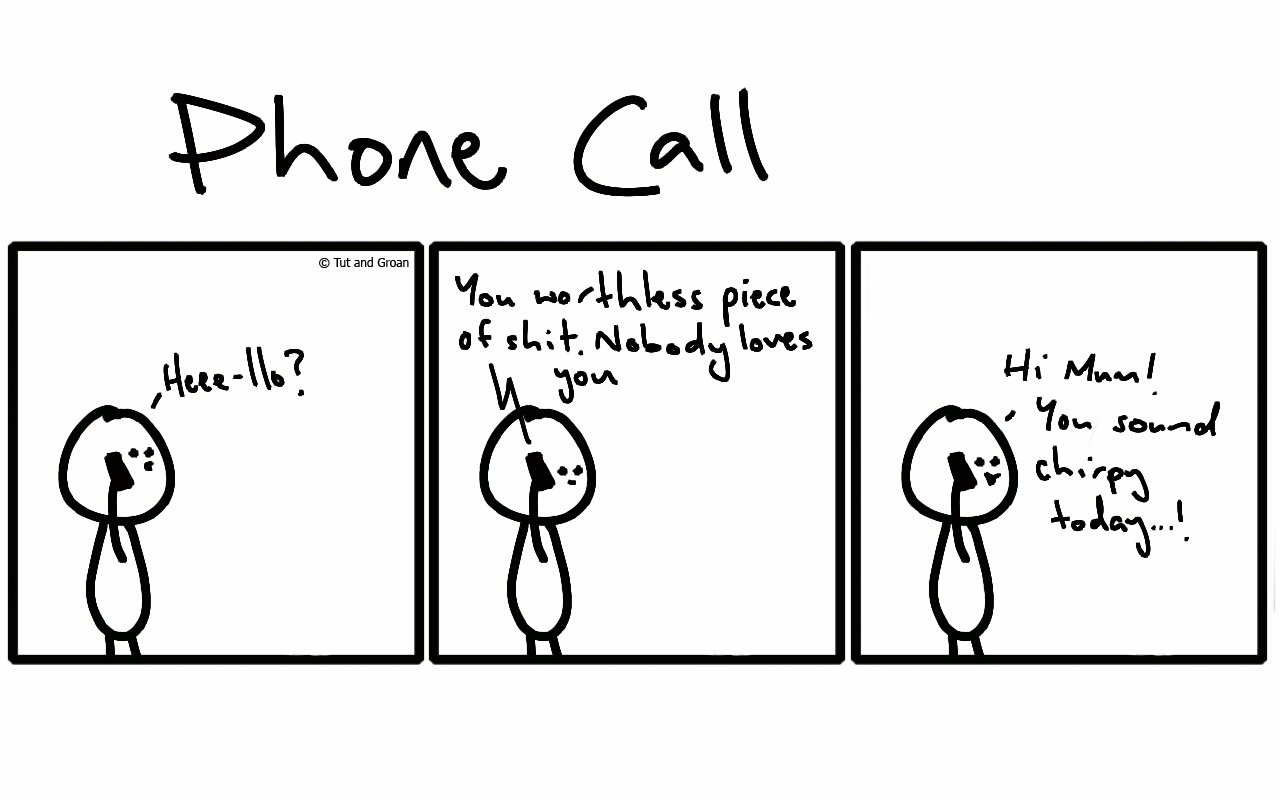 Tut and Groan Three Panels: Phone Call cartoon