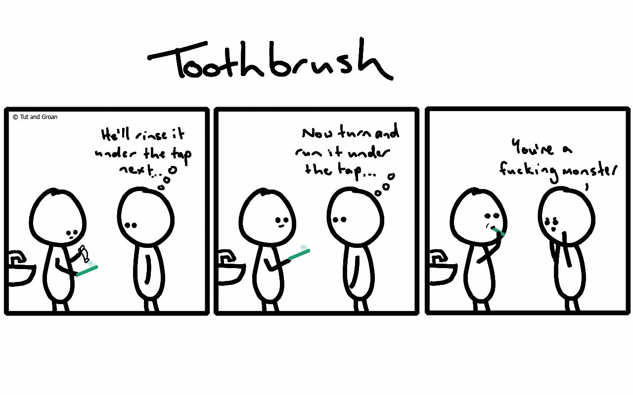 Tut and Groan Three Panels: Toothbrush cartoon