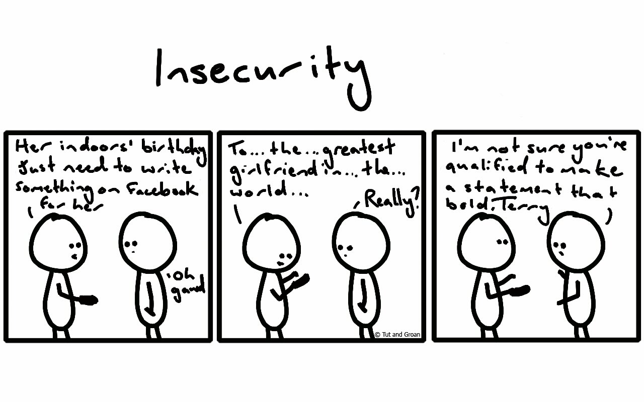 Tut and Groan Three Panels: Insecurity cartoon