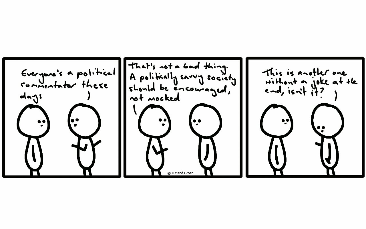 Tut and Groan Three Panels: Political Commentary cartoon