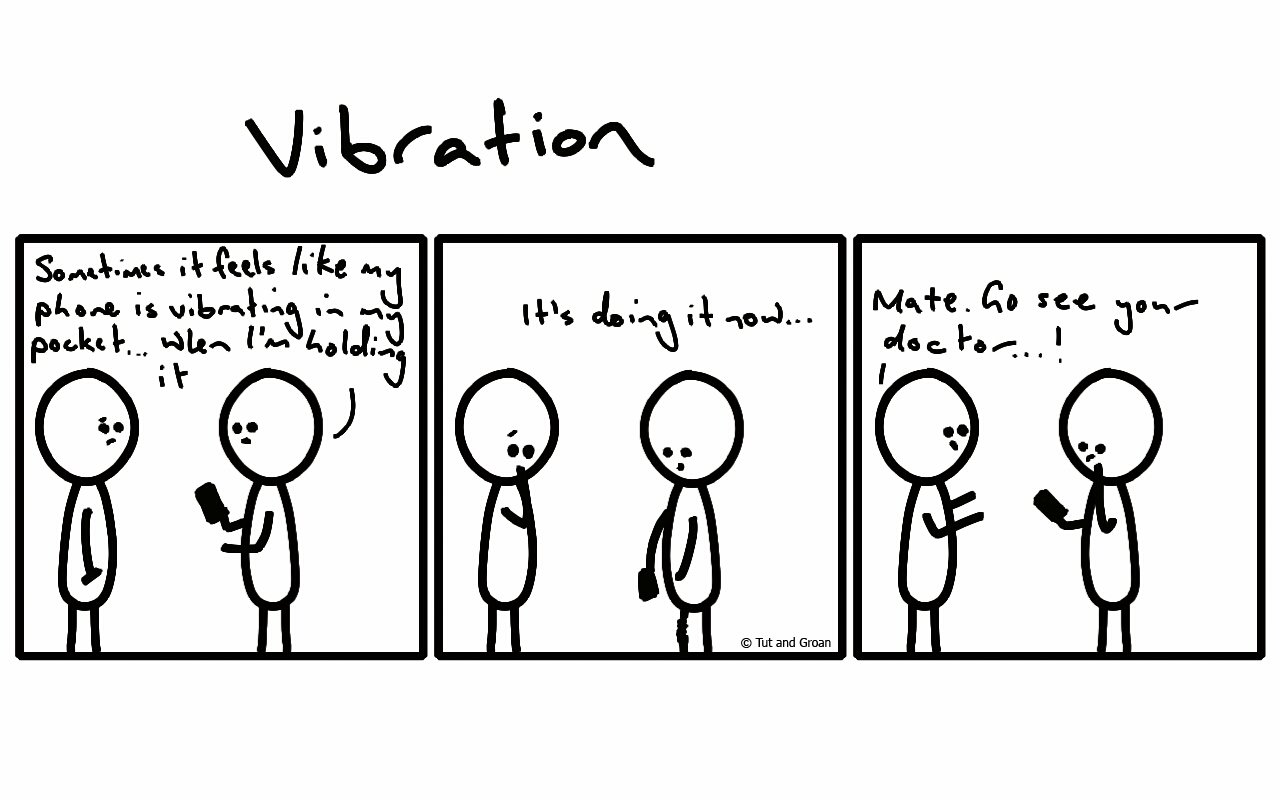 Tut and Groan Three Panels: Vibration cartoon