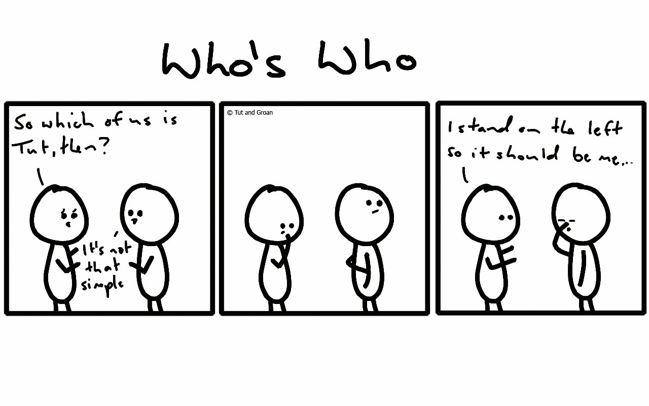 Tut and Groan Three Panels: Who's Who cartoon