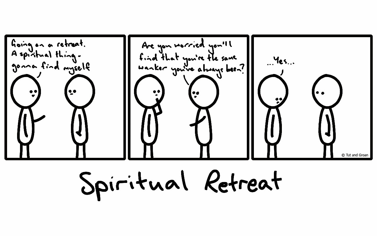 Tut and Groan Three Panels: Spiritual Retreat cartoon