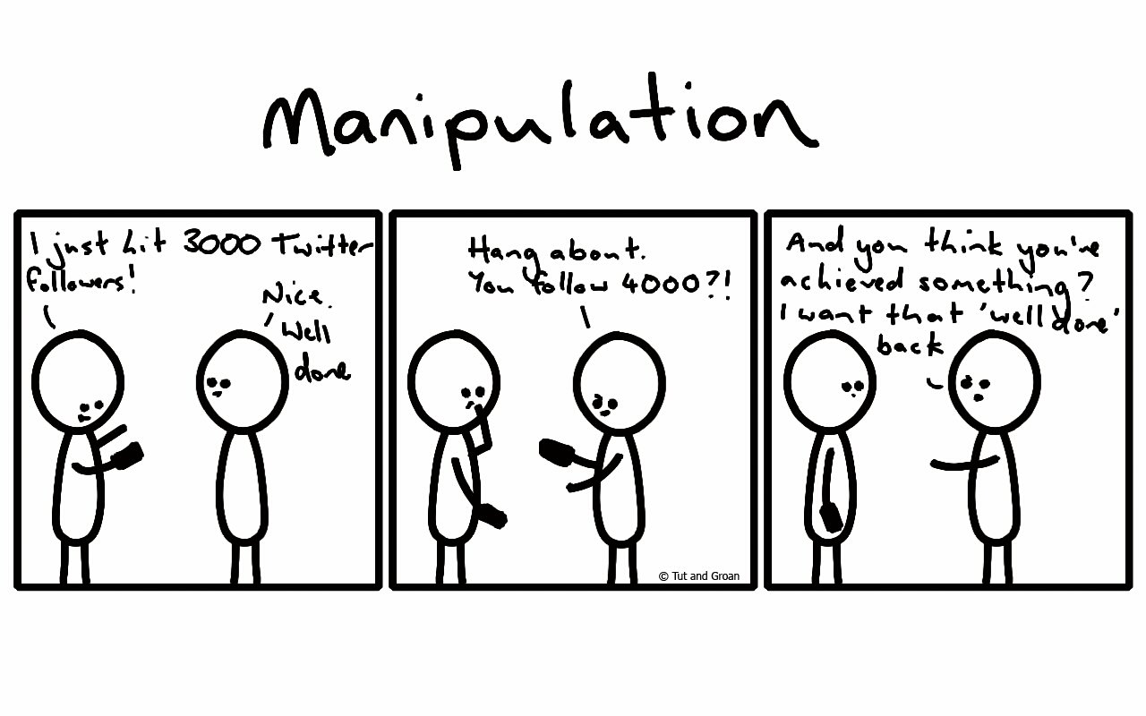 Tut and Groan Three Panels: Manipulation cartoon