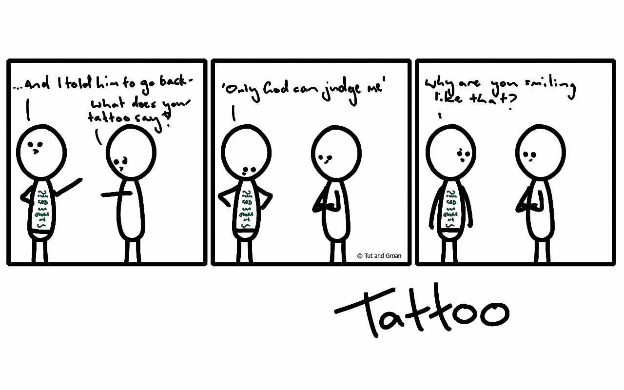 Tut and Groan Three Panels: Tattoo cartoon