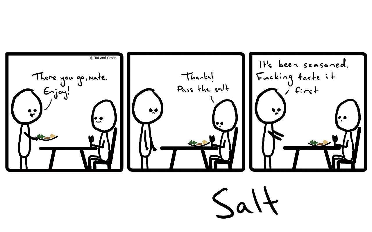 Tut and Groan Three Panels: Salt cartoon